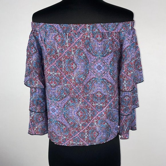 Ella Moss S Patterned Off The Shoulder Rayon Blouse Tiered Ruffle Bell Sleeves - Picture 8 of 12